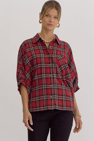 ENTRO INC Women's Top RED / S Oversize Plaid Button Down Half Sleeve Top || David's Clothing T24179