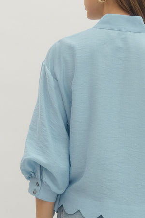 ENTRO INC Women's Top Solid 3/4 Sleeve Scallop Hem V-Cut Top