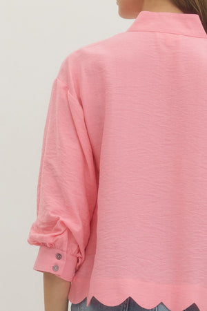 ENTRO INC Women's Top Solid 3/4 Sleeve Scallop Hem V-Cut Top