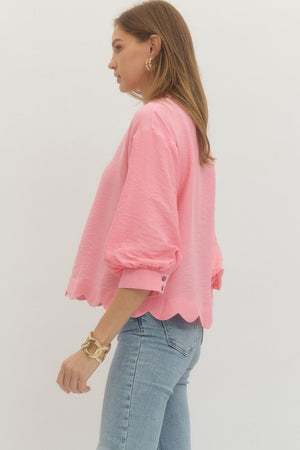 ENTRO INC Women's Top Solid 3/4 Sleeve Scallop Hem V-Cut Top