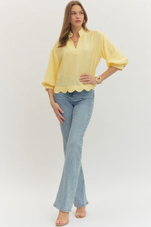 ENTRO INC Women's Top Solid 3/4 Sleeve Scallop Hem V-Cut Top