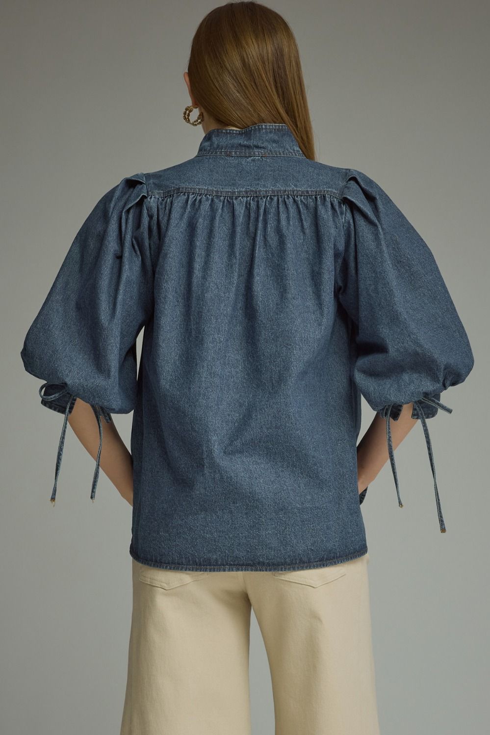 ENTRO INC Women's Top Solid ¾ Puff Sleeve Denim Top