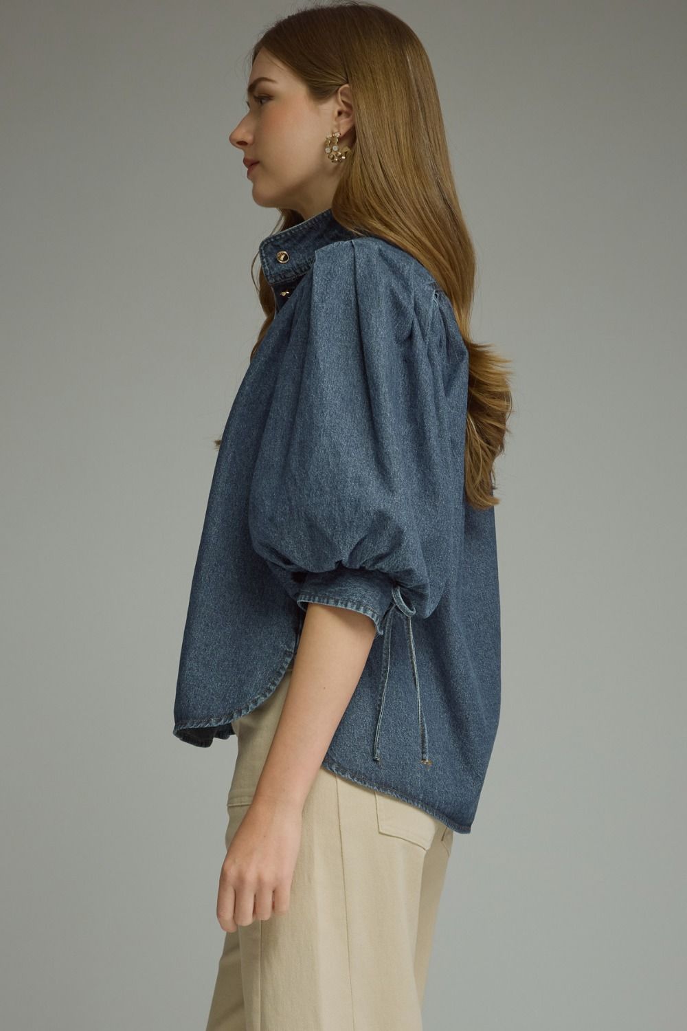 ENTRO INC Women's Top Solid ¾ Puff Sleeve Denim Top