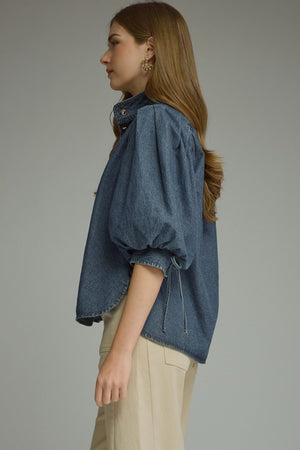 ENTRO INC Women's Top Solid ¾ Puff Sleeve Denim Top