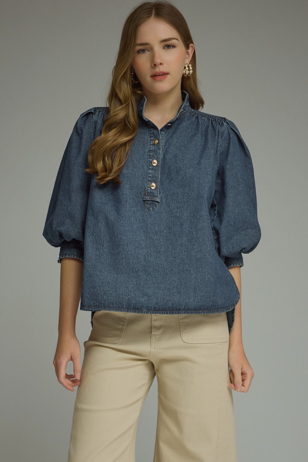 ENTRO INC Women's Top Solid ¾ Puff Sleeve Denim Top