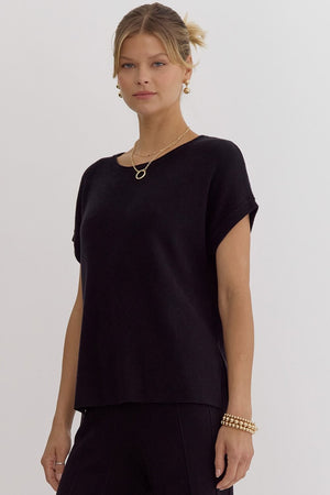 ENTRO INC Women's Top Solid Ribbed Round Neck Short Sleeve Top || David's Clothing