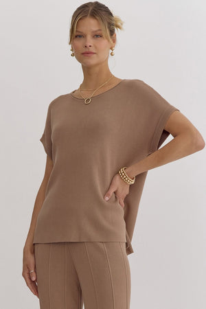 ENTRO INC Women's Top Solid Ribbed Round Neck Short Sleeve Top || David's Clothing