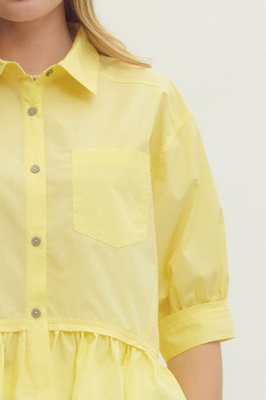 ENTRO INC Women's Top Solid Short Sleeve Ruffle Hem Button-Down Top