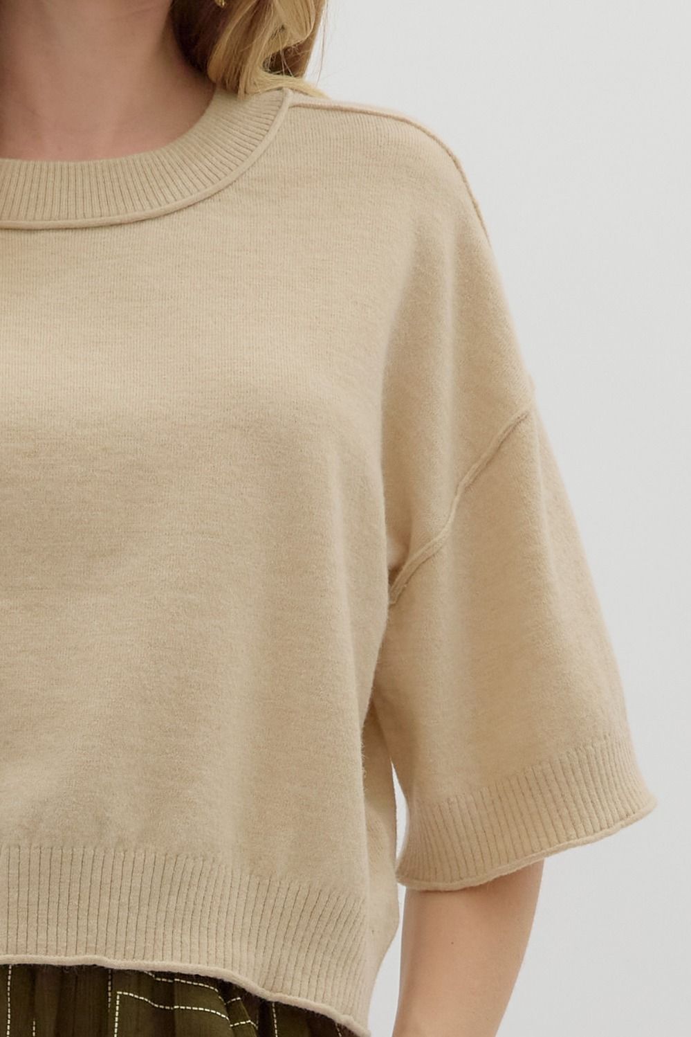 ENTRO INC Women's Top Solid Sweater Knit ¾ Wide Sleeve Pullover