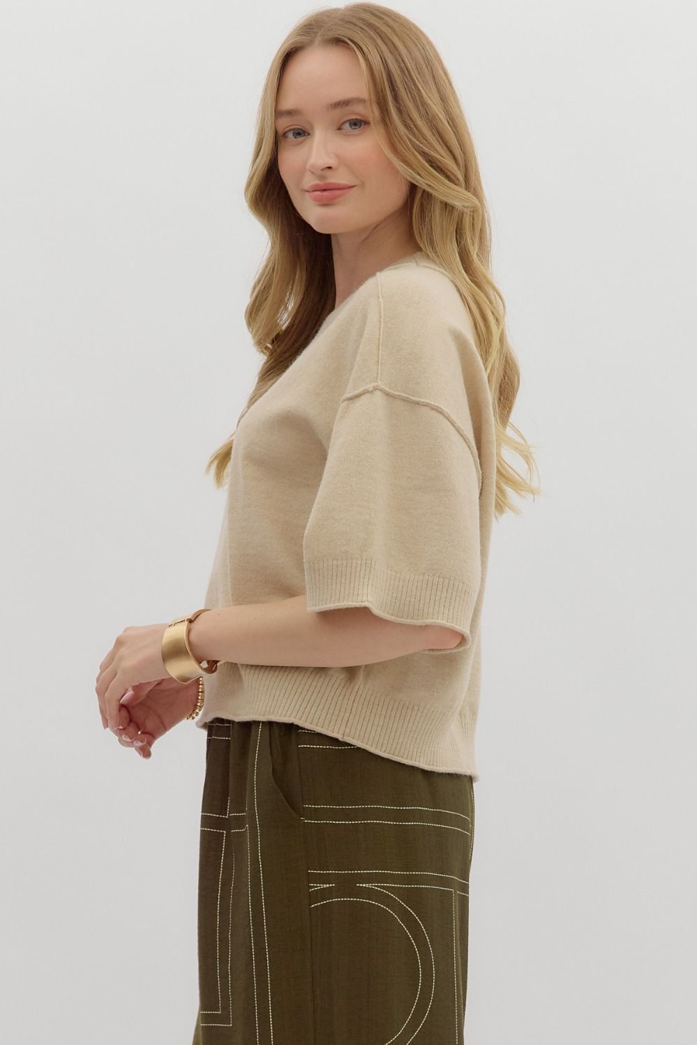 ENTRO INC Women's Top Solid Sweater Knit ¾ Wide Sleeve Pullover