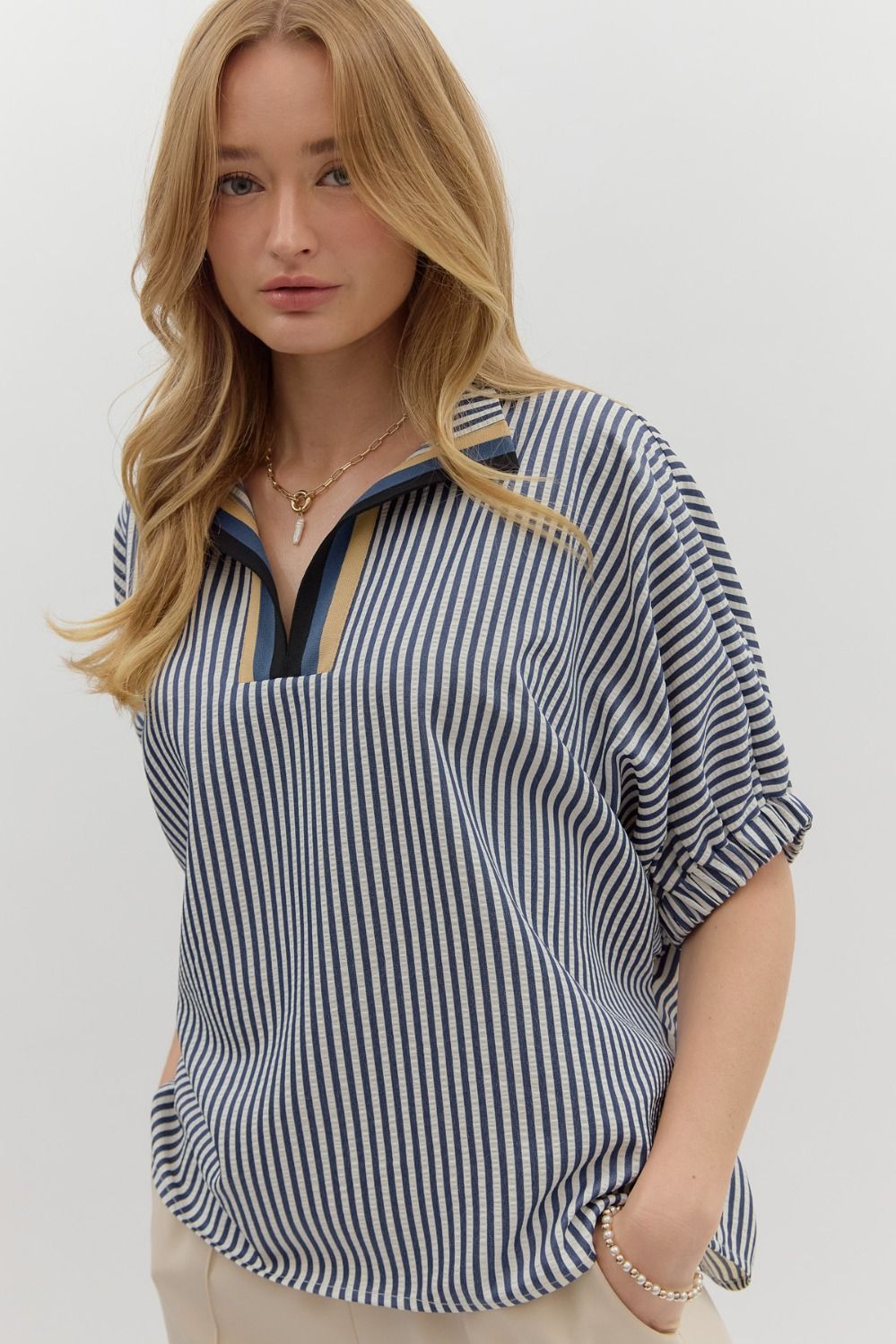 ENTRO INC Women's Top Stripe Pattern High Neck Elasticated Sleeve Band Dolman Top || David's Clothing