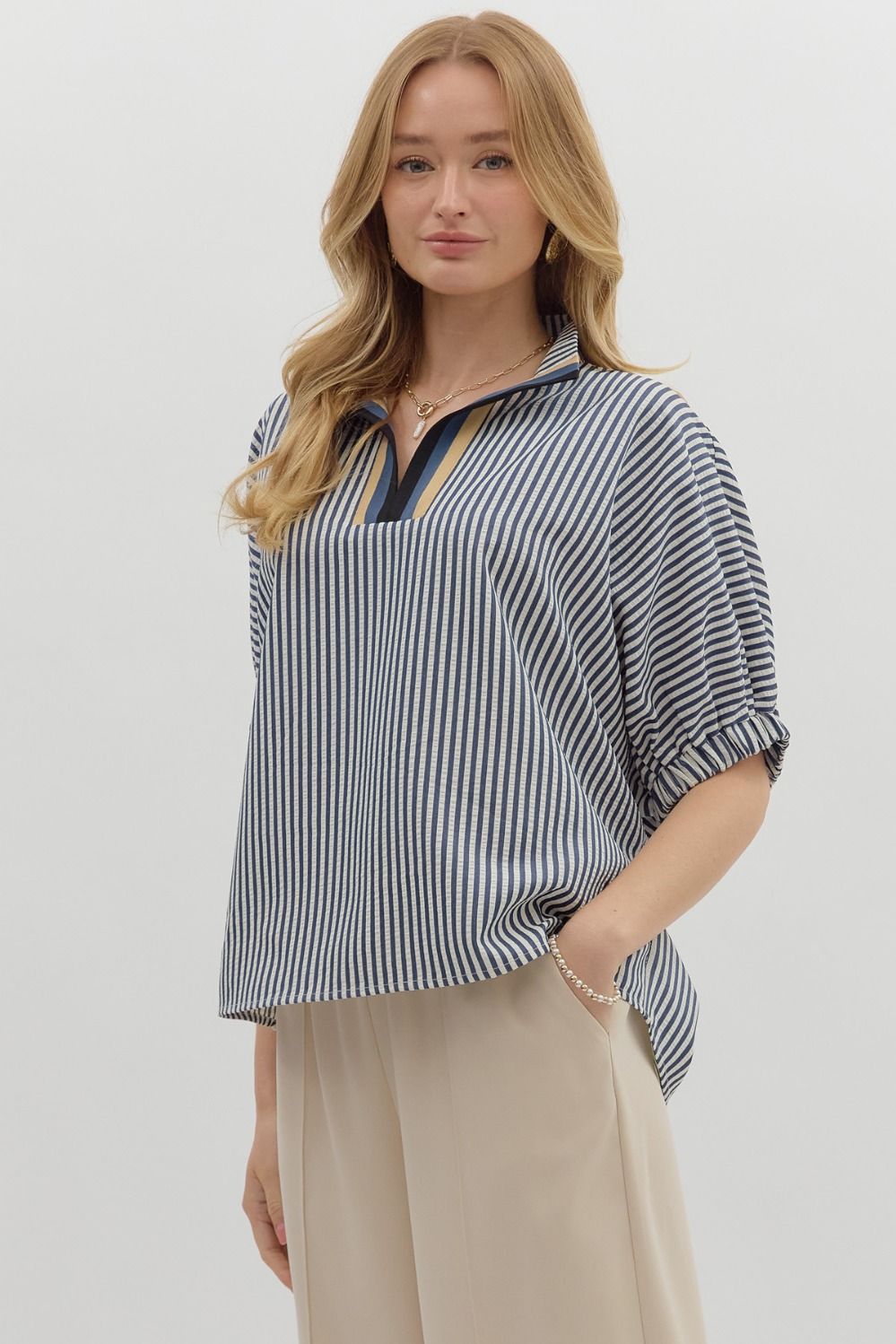 ENTRO INC Women's Top Stripe Pattern High Neck Elasticated Sleeve Band Dolman Top || David's Clothing