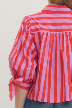 ENTRO INC Women's Top Striped 3/4 Puff Sleeve Woven Top