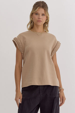 ENTRO INC Women's Top TAUPE / S Solid Round Neck Cap Sleeve Top || David's Clothing T24398