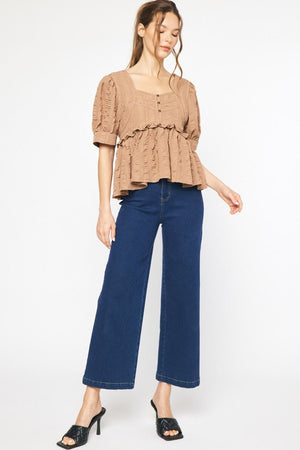 ENTRO INC Women's Top Textured Puff Sleeve Peplum Top || David's Clothing