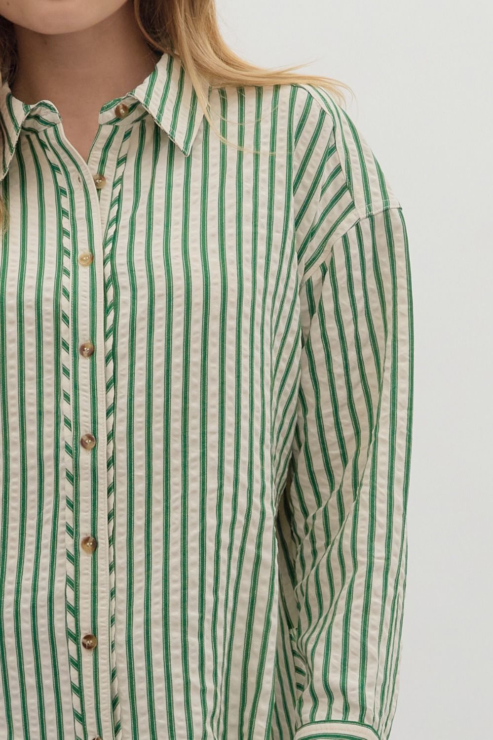 ENTRO INC Women's Top Textured Striped Long Sleeve Button Down Collar Shirt