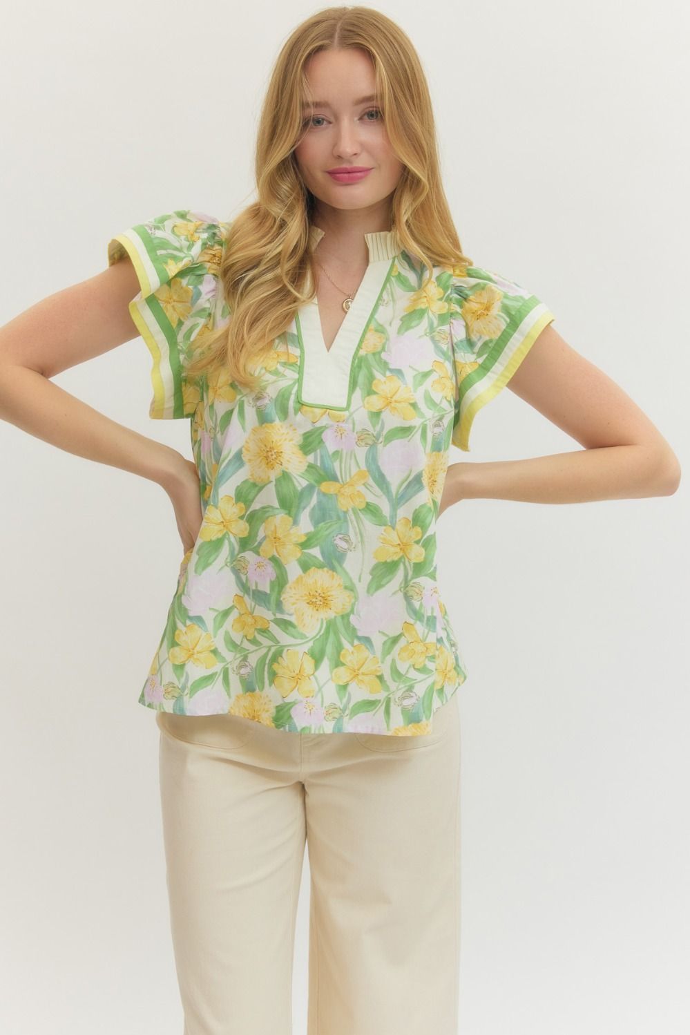 ENTRO INC Women's Top PINK / S Floral print flutter sleeve top T29552