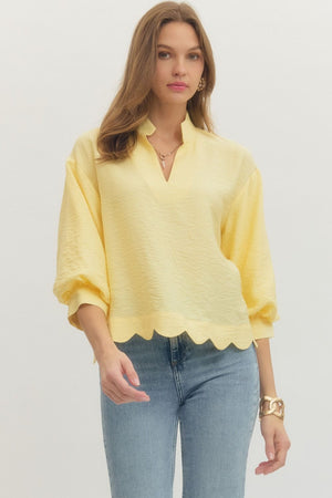 ENTRO INC Women's Top YELLOW / S Solid 3/4 Sleeve Scallop Hem V-Cut Top T29804