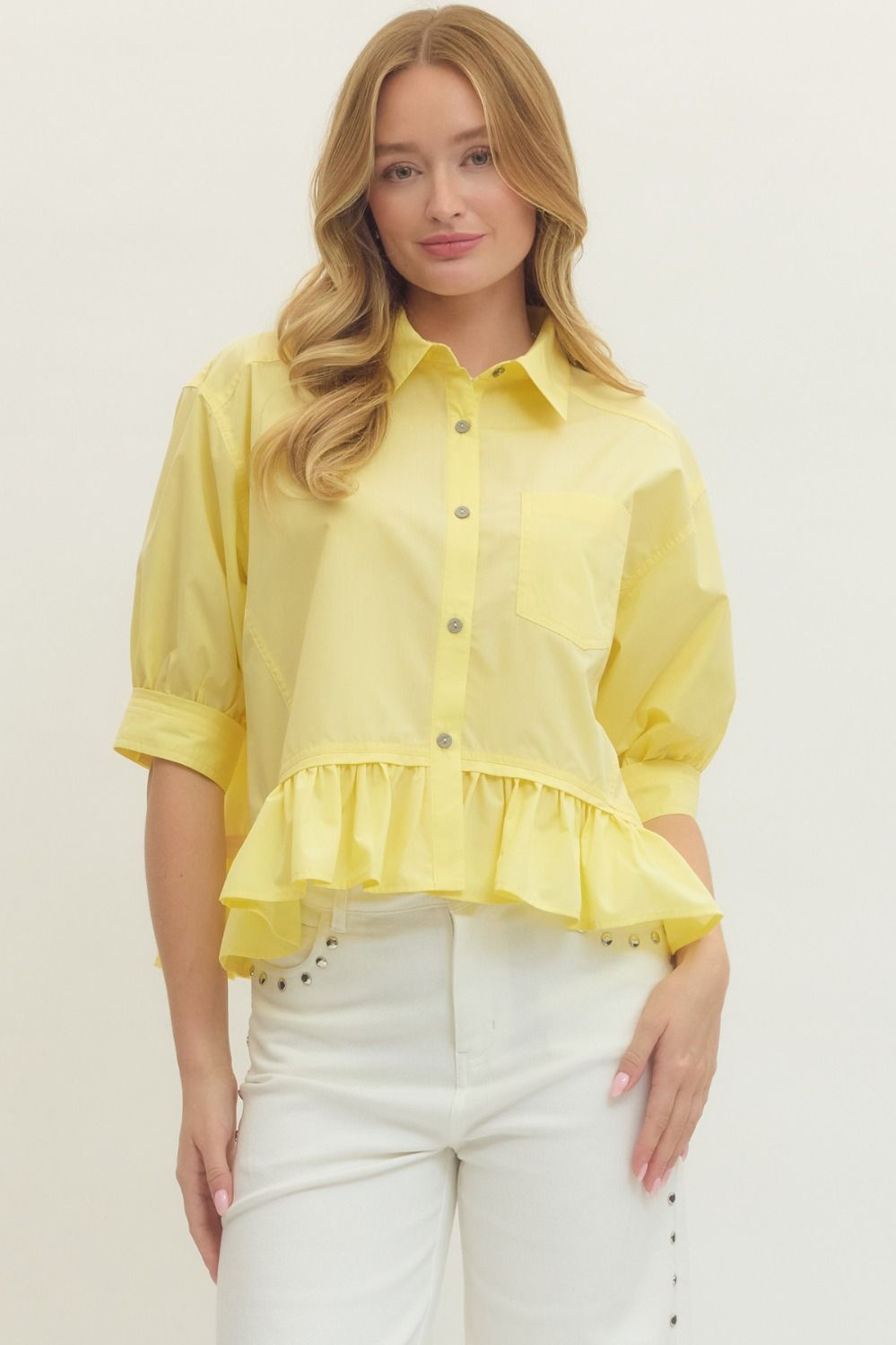ENTRO INC Women's Top YELLOW / S Solid Short Sleeve Ruffle Hem Button-Down Top T28898