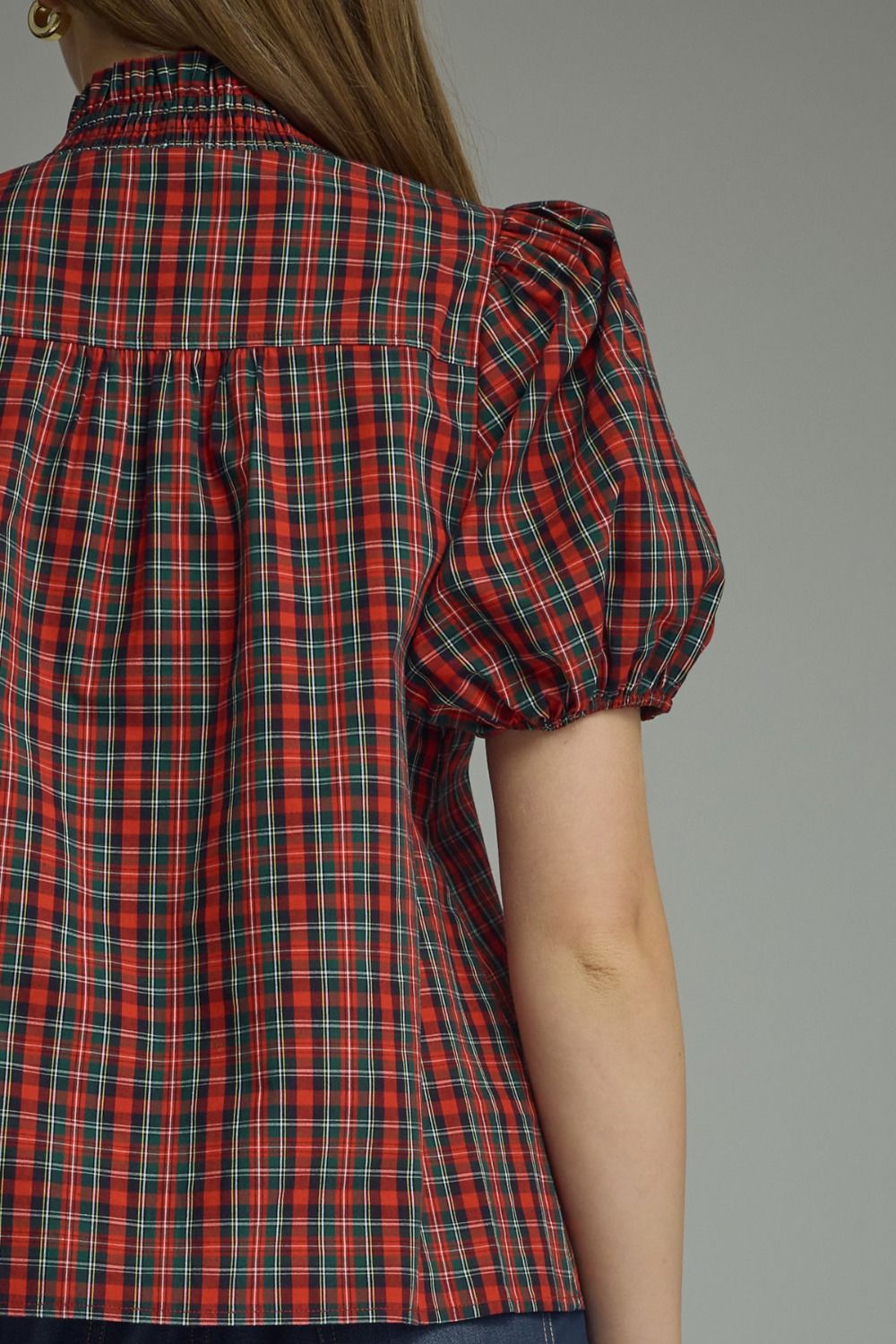 ENTRO INC Women's Woven Top Plaid Short Puff Sleeve Top