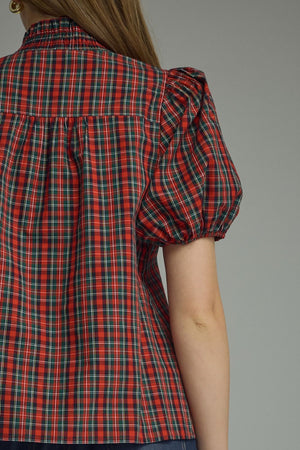 ENTRO INC Women's Woven Top Plaid Short Puff Sleeve Top