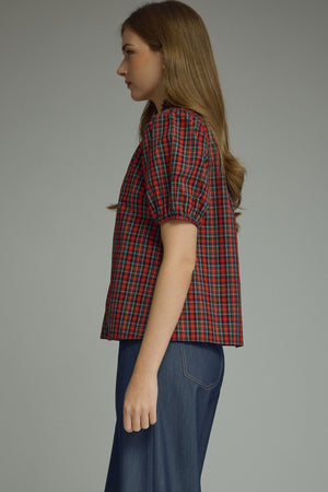 ENTRO INC Women's Woven Top Plaid Short Puff Sleeve Top