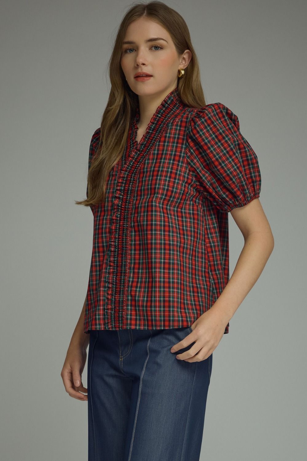 ENTRO INC Women's Woven Top Plaid Short Puff Sleeve Top