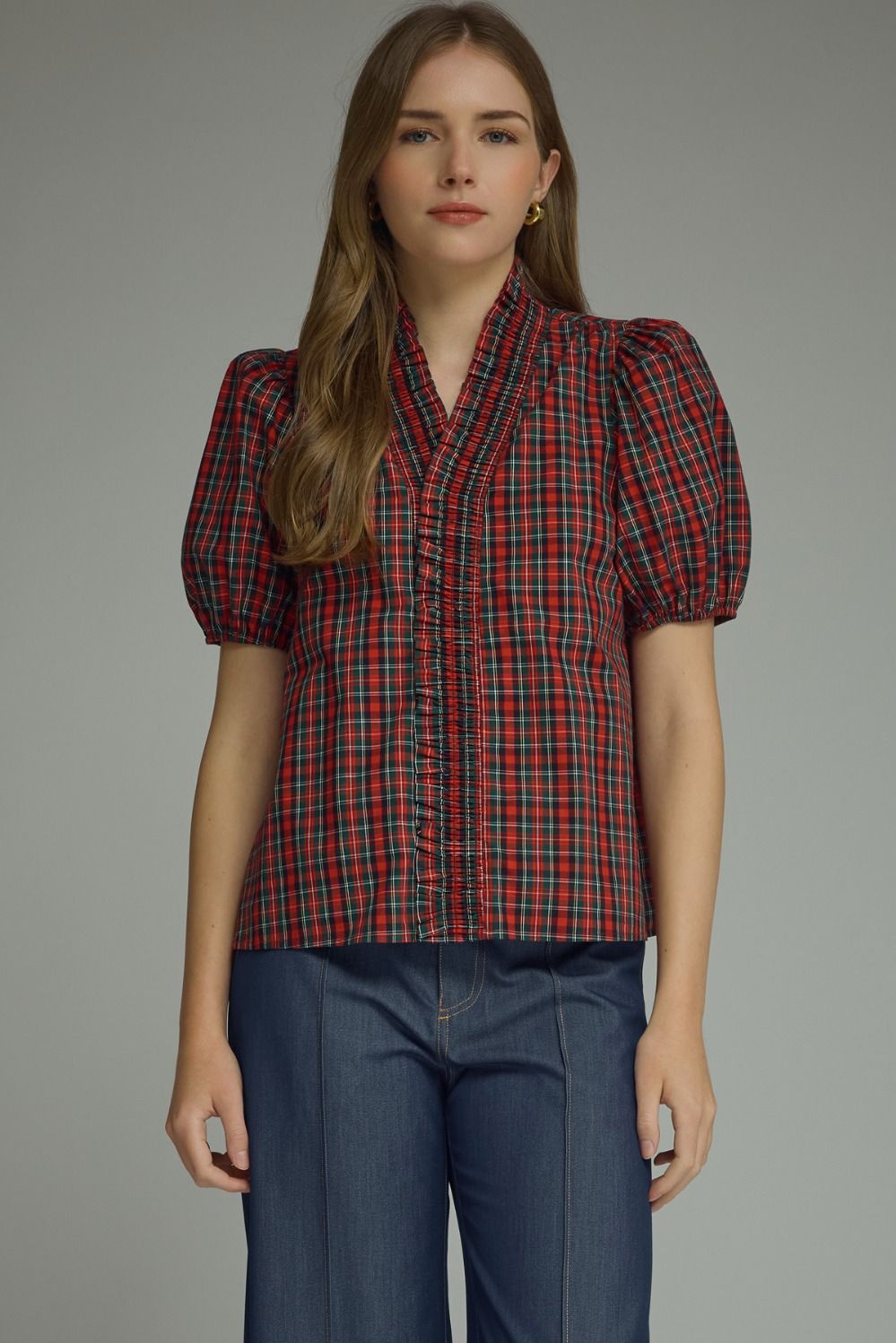 ENTRO INC Women's Woven Top Plaid Short Puff Sleeve Top