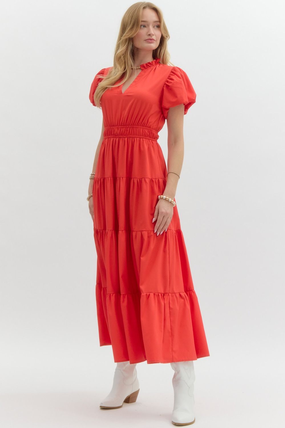 V-Neck Bubble Sleeve Tiered Midi Dress