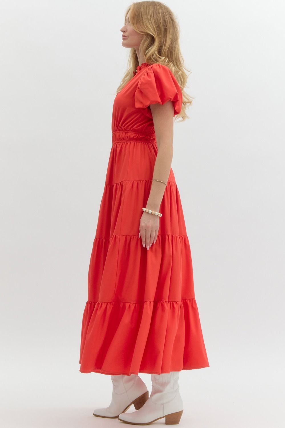 V-Neck Bubble Sleeve Tiered Midi Dress