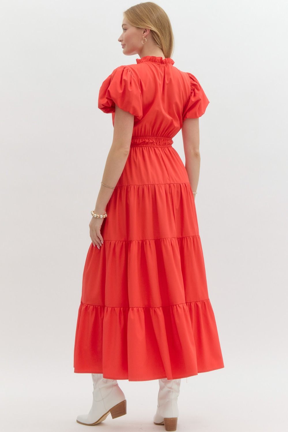 V-Neck Bubble Sleeve Tiered Midi Dress