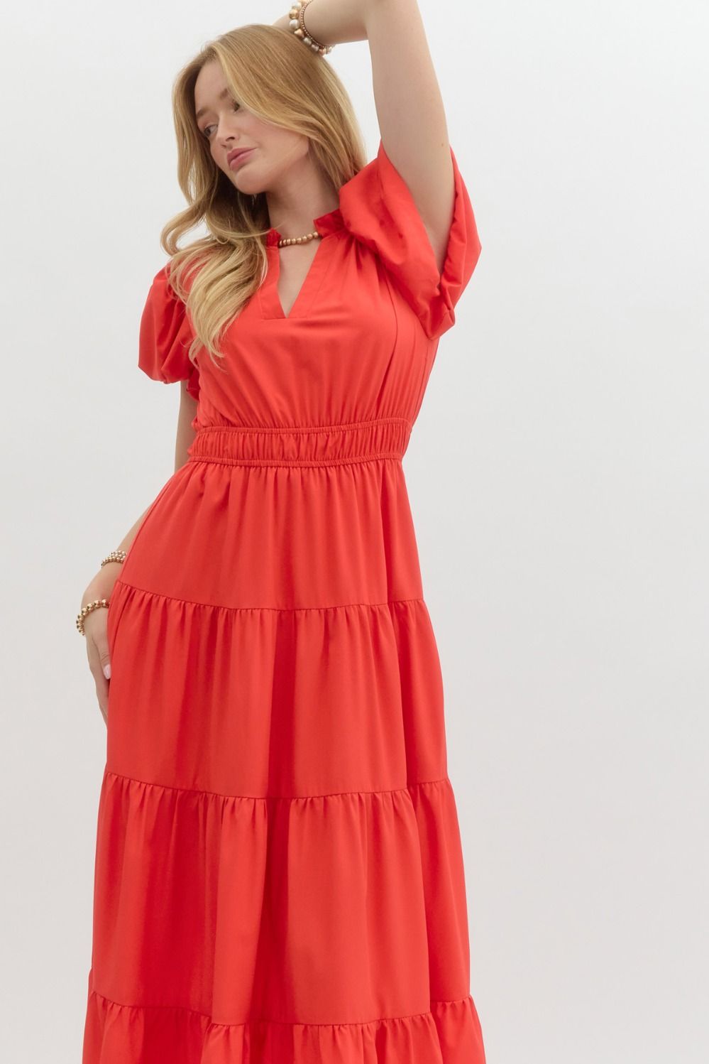 V-Neck Bubble Sleeve Tiered Midi Dress