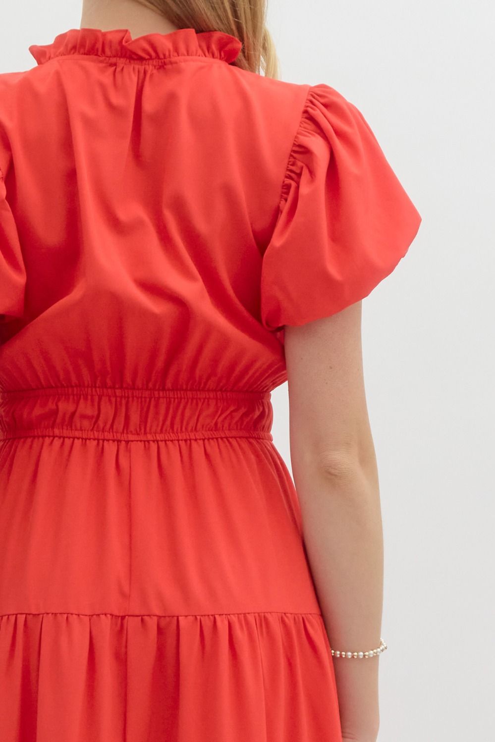 V-Neck Bubble Sleeve Tiered Midi Dress