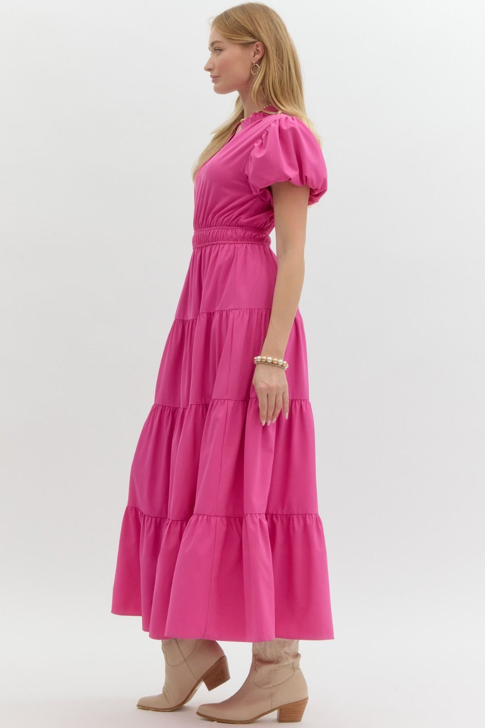 V-Neck Bubble Sleeve Tiered Midi Dress