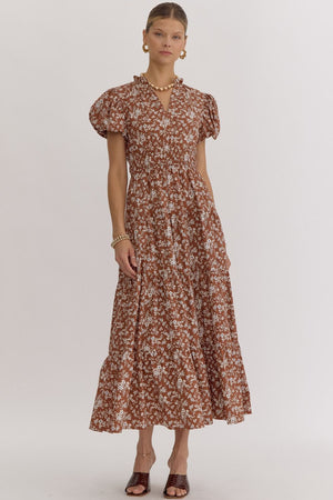 Floral Print V-Neck Bubble Sleeve Maxi Dress