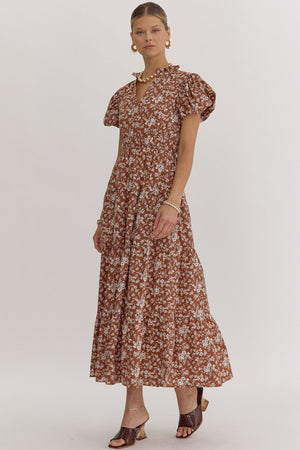 Floral Print V-Neck Bubble Sleeve Maxi Dress