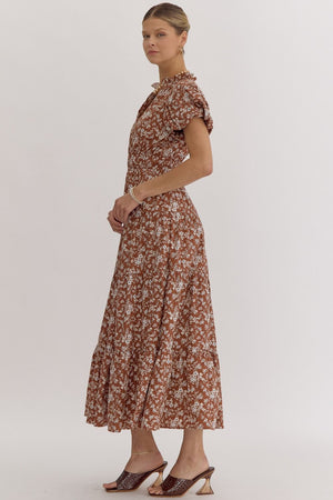 Floral Print V-Neck Bubble Sleeve Maxi Dress