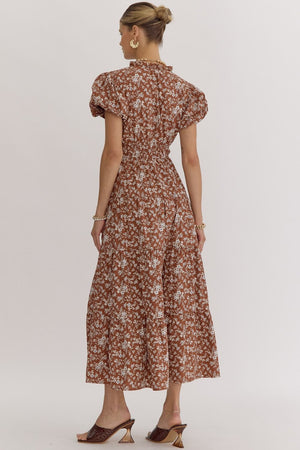 Floral Print V-Neck Bubble Sleeve Maxi Dress