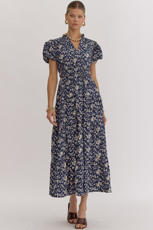 Floral Print V-Neck Bubble Sleeve Maxi Dress