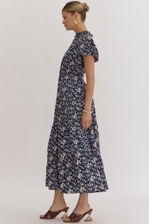 Floral Print V-Neck Bubble Sleeve Maxi Dress