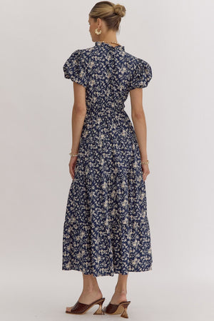 Floral Print V-Neck Bubble Sleeve Maxi Dress