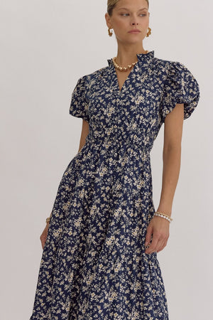 Floral Print V-Neck Bubble Sleeve Maxi Dress