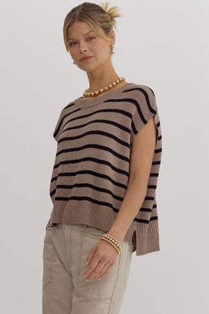 Stripe Print Round Neck Short Sleeve Knit Top