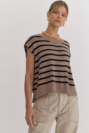 Stripe Print Round Neck Short Sleeve Knit Top