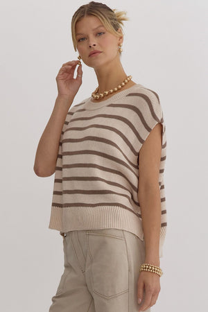 Stripe Print Round Neck Short Sleeve Knit Top