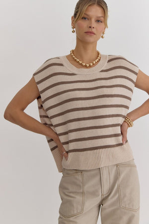 Stripe Print Round Neck Short Sleeve Knit Top