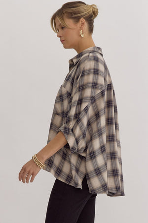 Oversize Plaid Button Down Half Sleeve Top