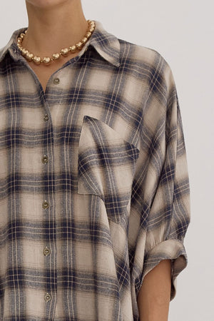 Oversize Plaid Button Down Half Sleeve Top