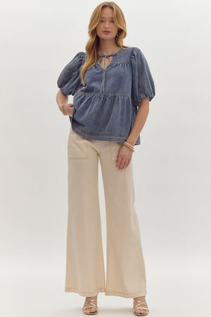 Denim V-Neck Bubble Sleeve Tiered Top