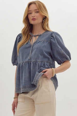 Denim V-Neck Bubble Sleeve Tiered Top